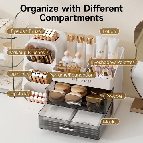 UFORU Makeup Organizer for Vanity with Brush Holder, Countertop Skincare Organizer with 2 Drawers, Spacious Cosmetic Display Case for Perfumes, Eyeshadow Palettes, Nail Polishes