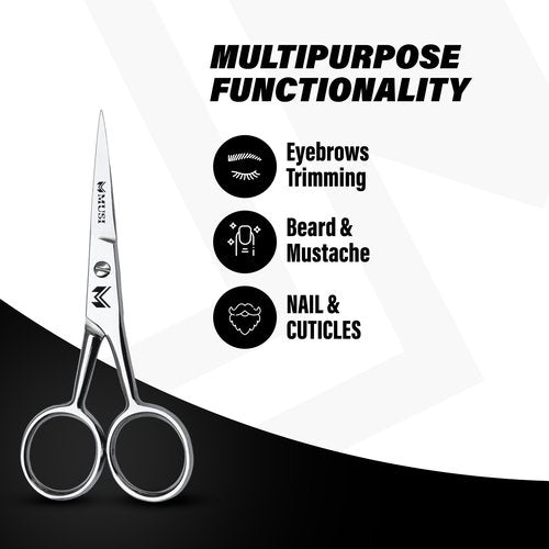 MUSI 4 Inch Eyebrow Scissors - Muti-purpose Small Scissors for Mustache, Beard, Nose Hair, Nail, Ear & Eyelash Trimming - Professional Stainless Steel Mini Grooming Scissors for Men Women with Comb