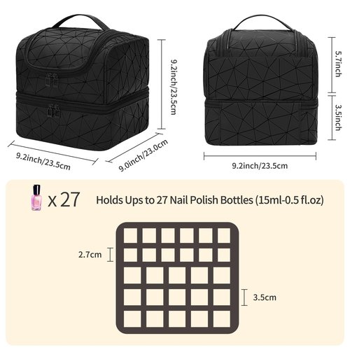 CUBETASTIC Nail Polish Organizer, Cute Nail Tech Organizers And Storage Bag Holds 45 Bottles & UV Nail Lamp, Compact Double-Layer Travel Nail Supplies Case for Nail Kit (Triangle Black, 27 Slots)
