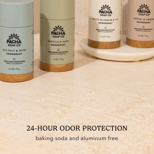 Pacha Soap Co. Aluminum-Free Deodorant - Sea Salt & Moss Scented, 24-Hour Odor Protection for Gentle & Sensitive Skin, Clean Ingredients, Baking Soda-Free, Made in the USA, 2-Pack (2.6 oz Each)