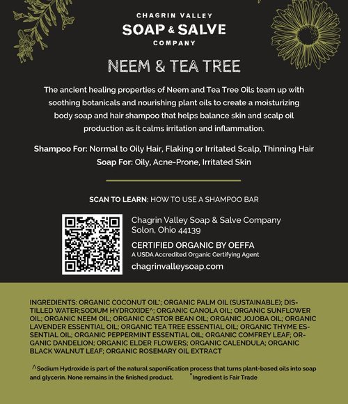 Chagrin Valley Soap & Salve Neem & Tea Tree Organic Soap & Shampoo Bar – Soothe Dry, Itchy, Irritated Skin - Sulfate Free - For Body & Hair Vegan Shampoo Natural, Large 5.6 oz Bar - 3PK