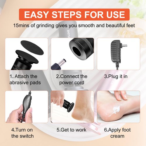 DGJUZE PowerPro Electric Foot Callus Remover,36W Professional 1200rpm Heavy Duty Metal Grinder for Dead Skin Automatic Foot Sander with 60pcs Sandpaper Pads for Home Use Pedicure (Black)