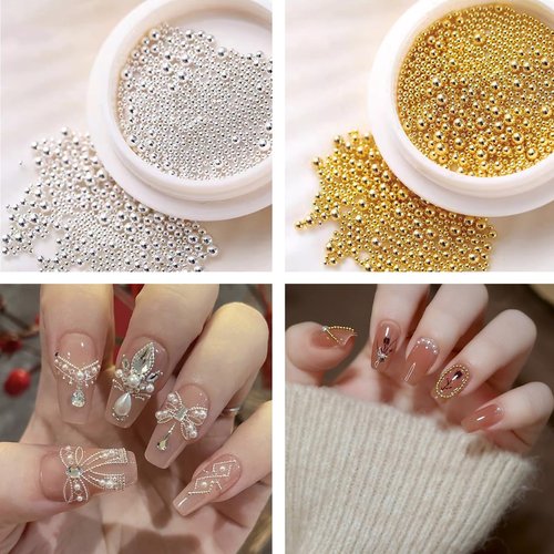Mixed Sizes Nail Beads with Magnetic Pen and Tweezers, Nail Art Studs Gold Silver Mini Metal Caviar Nails Beads Ball Nail Rivets Jewelry, Round Caviar Beads Accessories for Manicure Decor Nail Charm