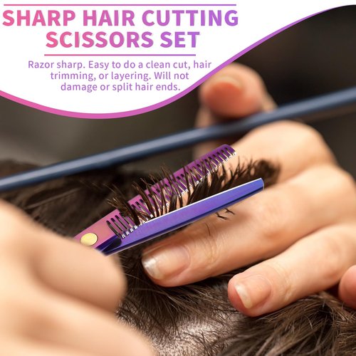 PURPLEBIRD Hair Cutting Kit, Professional Barber Scissors and Thinners Set - Stainless Steel Hair Scissors and 10 Pcs Purple for Men, Women and Pets