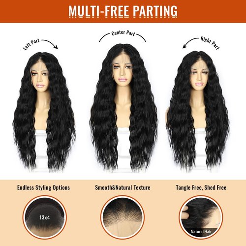 SAPPHIREWIGS 13×4 Black Lace Front Wigs Loose Wave Wig Pre Plucked Hairline Synthetic Lace Frontal Crimp Curly Wigs for Black Women Cosplay Daily Party Use 30 inch