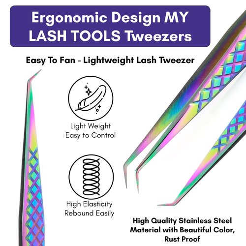 My Lash Tools Eyelash Extension Curved Degree Tweezers for Isolation Lash Extensions 14cm, Best for Individual Isolation & Classic Lashes Japanese Stainless Steel Eyelash Twisers (Rainbow)