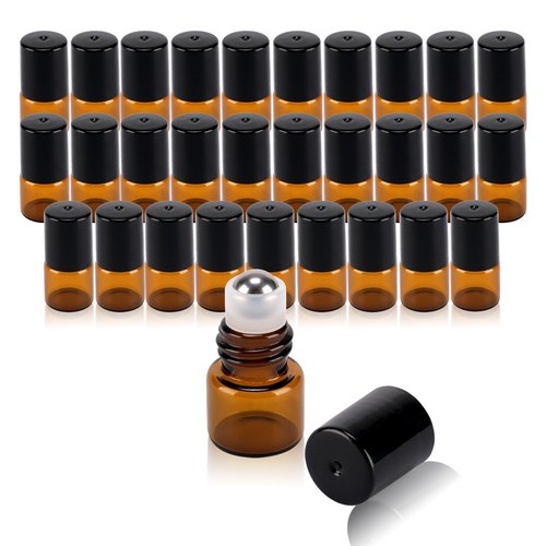 RAMFIYN 30 pack 1ml Amber Glass Roller Bottles for Essential Oils Refillable Roll-on Applicator with Stainless Steel Roller Balls Mini Leak-proof Makeup Containers with Pipettes and Bottle Opener