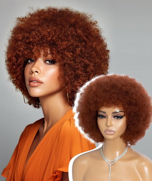 QUEEN VIRGIN REMY QVR Afro Wig For Women Short Afro Kinky Curly Bob Glueless Wigs Human Hair Natural Looking 70s Afro Wigs With Bangs Short Bouncy Afro Puff Wig For Daily Party Wear