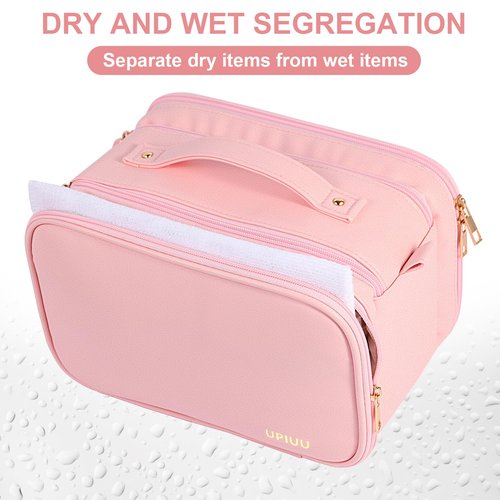 UPIUU Mothers Day Gifts, Toiletry Bag, Gifts for Women Mom, Large Cosmetic Bag, Travel Essentials,Toiletries Organizer Case for Grooming, Excellence PU Leather, Vertical Brush Holder, Pink