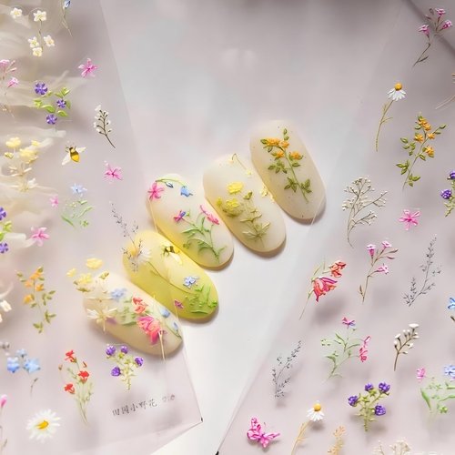 Dedyel Rural Wildflowers Nail Stickers 5D Embossed Wildflower Nail Stickers Spring Summer Red Yellow Blue White Flower Design Nail Art Decoration for Women Girls Kids