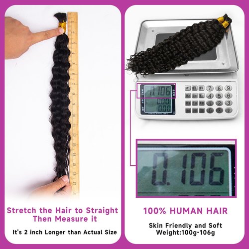 Topnormantic Human Braiding Hair for Boho Braids, 12A Boho Hair for Braiding Knotless Curly Natural Black 16 Inch 100g Unprocessed Brazilian Virgin Human Hair Bulk Tangle-Free Deep Wave Bohemian Braid