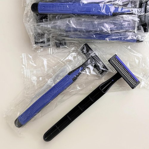 Individually Wrapped 3 Blades Razors Bulk, Travel Size Disposable Manual Razors with Stainless Steel Blade (Blue) (100)
