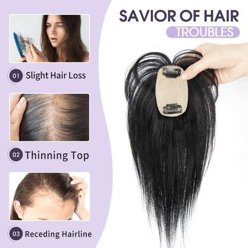 EonLuxe Jet Black Real Human Hair Topper with Bangs Covers Thinning Crown, Receding Hairline for Women 10inch Clip-In Hair Topper for Thinning Hair