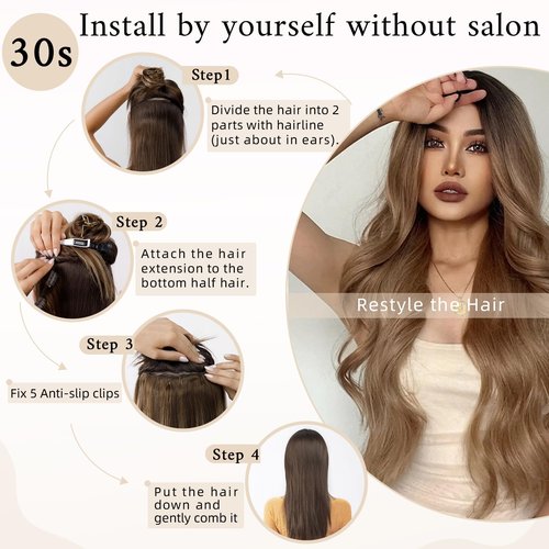 SEGO One Piece Clip in Extensions, 5 Clips Real Human Hair Extensions, Long Straight, 14 inches, #02 Dark Brown