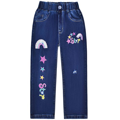 Peacolate 5-12 Years Little Big Girl Embroidered Rainbow Star Straight Jeans(Star,9-10Years)