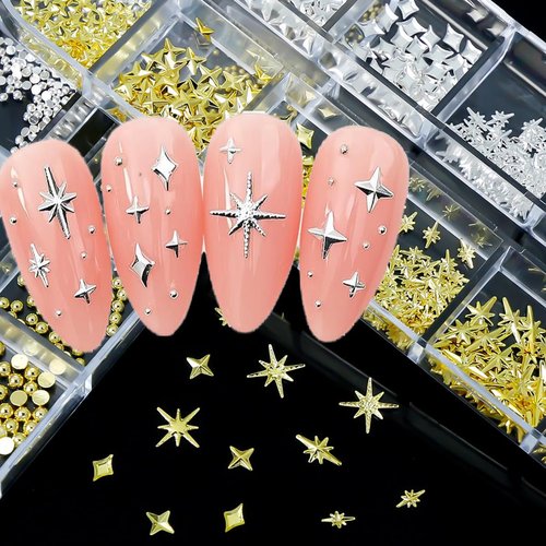 Star Cross Nail Charms - 2 Boxes Nail Star Charms Art - Y2k Silver & Gold Cross Nail Art - Metal Nail Decoration Set - Nail Studs (Star Cross Set)
