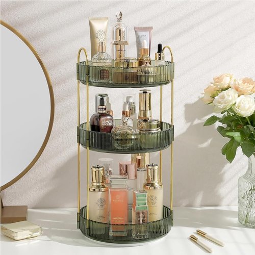 Satpurush 360° Rotating Makeup Organizer – 3-Tier Spinning Cosmetic Holder for Vanity, Countertop, Bathroom & Dresser – Perfume, Skincare & Cosmetic Care Organizer (Clear Green, 3 Tier)