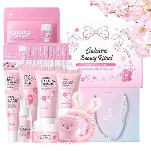 Sakura Skincare Set for Teen Girls 10-12,Skin Care Sets & Kits,33PCS Teenage Girls Gifts,Complete Pamper Face Care Sets for Women,Daily Facial Skincare Routine (One Size, Cherry Blossom-StyleD)