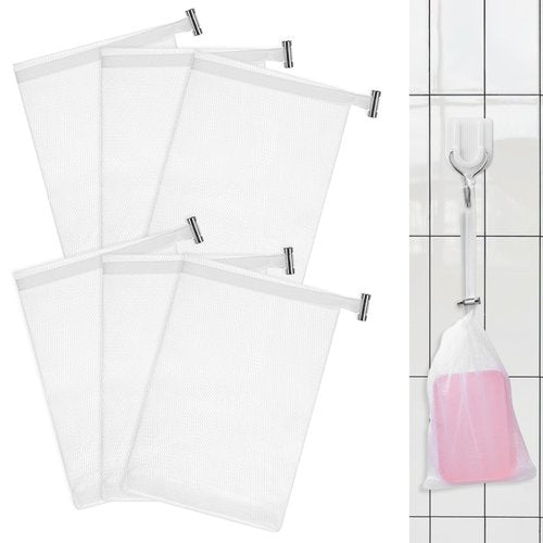 6 PCS Exfoliating Mesh Soap Pouch Soft Soap Bag with Drawstring for Shower Double Layer Thicken Foam Net Bubble Foam Net Soap Sack Saver Pouch, White