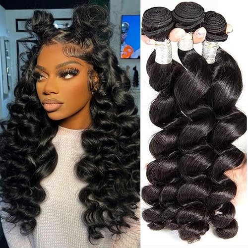 Loose Wave Bundles 12A Brazilian Human Hair Loose Wave 3 Bundles 100% Unprocessed Brazilian Virgin Hair Loose Deep Wave Human Hair 3 Bundles Natural Black Weave Hair Extensions