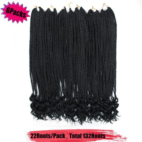 ROSESSEA 6Packs 26 Inch Crochet Braids Box Braids Crochet Hair For Women Black Crochet Braid Hair With Curly Ends Box Crochet Braiding Hair Extensions (26inch, 1B#)