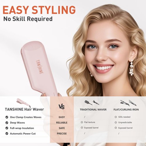 TANSHINE Curling Iron Hair Waver,1.25 Inch Dual Barrel Barrel Ceramic Hair Crimper for Beach Waves,Ionic Deep Waver Curler with Dual Voltage, Anti-Scald Protection Curling Wand, Adjustable Temp,Pink