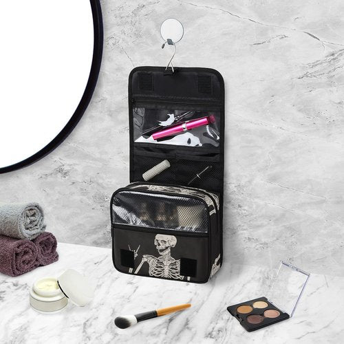 Funny Skull Skeleton Hanging Toiletry Bag, Halloween Large Cosmetic Travel Bag Portable Makeup Pouch Waterproof Travel Organizer Bag for Women Men Travel Accessories