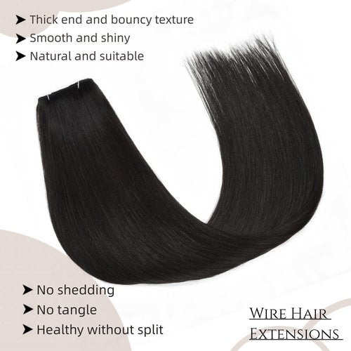 Wire Hair Extensions 18 Inch Invisible Fish Line Hair Extensions #1b Natural Black Wire Extensions Human Hair Piece with Transparent Line 100g Fish Wire Hair