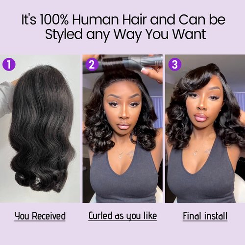 UVVUVV Bob Wig Human Hair 4x4 Frontal Lace Wig 10 Inch Body Wave 180% Density HD Lace Front Wigs Human Hair Pre Plucked Bob Wigs for Women (10 inch, Natural Black)