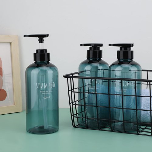 Shampoo Bottles with 2 Extra Pumps, Segbeauty 3pcs 16.9oz Bathroom Shampoo and Conditioner Dispenser with Funnel, 500ml Empty Plastic Refillable Shampoo Bottles for Shower, Large Pump Bottles Blue