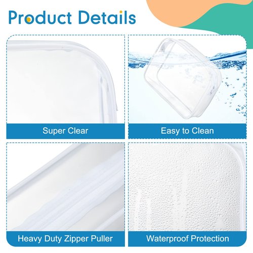 12 Pack Clear Cosmetic Bag Zippered Travel Toiletry Bags Transparent Makeup Pouch Portable PVC Waterproof Organizer 4 Sizes Plastic Carry Pouch for Women Men Travel Home Bathroom, White