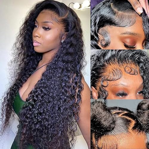 Deep Wave Lace Front Wigs Human Hair 13x4 HD Lace Front Wigs Human Hair Pre Plucked Brazilian Curly HumanHair Wig 200 Density Glueless Frontal Wigs For Women(22inch)