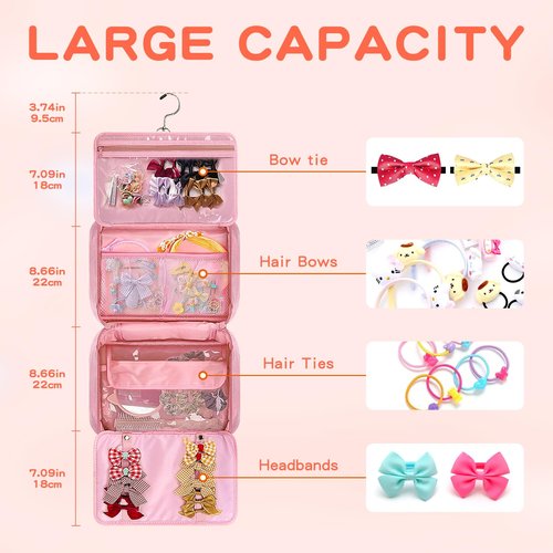 Hair Accessories Organizer for Girls, Hanging Hair Bow Storage Bag for Girls Hair Clips, Travel Organizer With Hair Clips, Headbands, Scrunchies & Ties - Empty Bag (Pink)