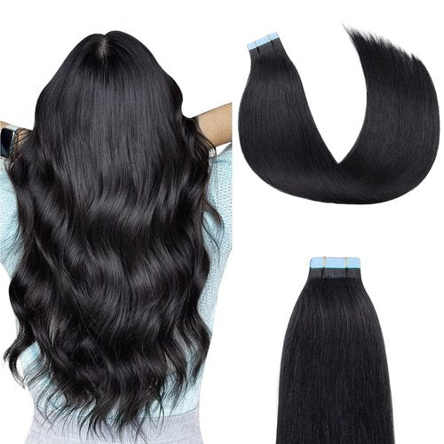 AGMITY Tape in Hair Extensions 100% Remy Human Hair Jet Black 20 inches 20pcs 50Gram Seamless Skin Weft Straight Real Human Hair Tape in Extensions(20 inches #1 Jet Black)