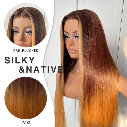 MITIMES 32inch Ombre Lace Front Wig pre plucked, Glueless Highlight Ombre Long Straight Lace Front Wigs Synthetic Highlight HD Lace Front Wig 1B/30/27