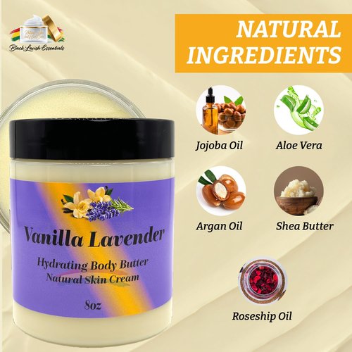 Black Lavish Essentials Ultra-Soft Shea Body Butter, Dry Skin Cream for Radiant Moisturized Skin, Natural Hydrating Body Lotion with Aloe Vera, Argan Oil, Rosehip Oil, (Vanilla Lavender, 8oz)