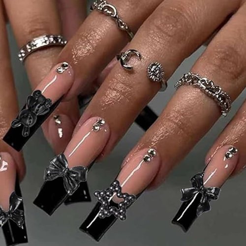450pcs Black 3D Multi Shapes Pearl Nail Charms, COOSLIM Flatback Pearls Heart Bowknot Nail Charms Mix Styles Star Bow for Nail ArtDecoration