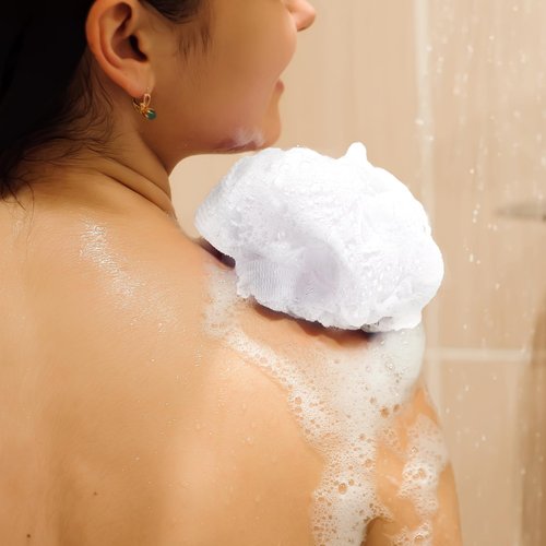 Funnymoom 12 Pcs Travel Size Loofah Individually Wrapped, Small Shower Puff Bath Sponge Pouf Ball Bulk Mesh Bath Puff Mini Loofah Sponge with Case Bulk for Shower Care (25g,White)