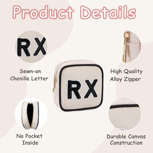RSRSLEII 2Pcs Small Canvas Rx MEDS Medicine Packages, Cute Chenille Letter Patch Drug Makeup Bag with Metal Zipper, Mini Travel First Aid Purse Organizer Machine Washable (05RX and MEDS)