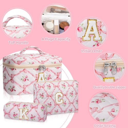 Junesters Personalized Initial Makeup Bag Set, Quilted Makeup Bag, Large Floral Cosmetic Bag for Women, Cute Cotton Custom Make up Bags, Flower Travel Toiletry Bag Teen Girl Gift Trendy Stuff Gift C