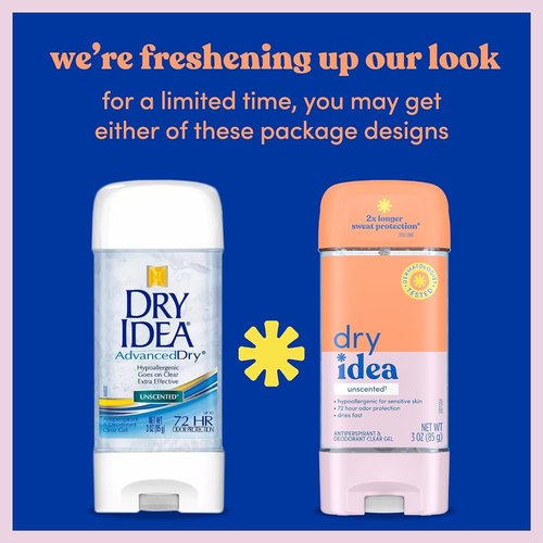Dry Idea Clear Gel Anti-Perspirant & Deodorant, Advanced Dry, Unscented Hypo-Allergenic, 3.0 Ounce Tubes Packaging May Vary (Pack of 4)