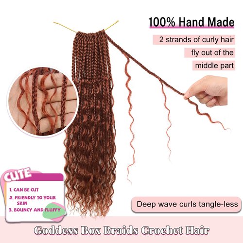 Goddess Bohemian Box Braids Crochet Hair 7 Packs 18 Inch Boho Crochet Braids for Black Women Pre Looped Braiding Hair with Curly Ends, Reddish Brown