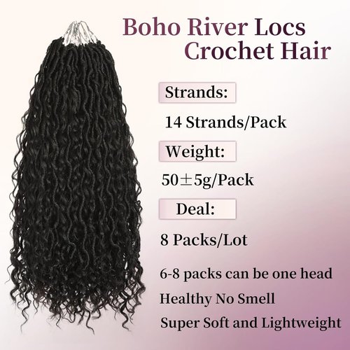 8 Packs Goddess Faux Locs Crochet Hair for Black Women Boho Style Locs River Locs Crochet Hair with Curly Ends 22 Inch (1B)
