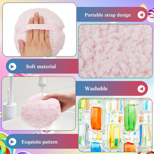 Tioncy 2 Pcs Extra Large Dusting Powder Puff and Container for Women-5.43'' Glass Crystal Dusting Powder Container with 5.91'' Body Soft Washable Reusable Velour Face(Multicolor,Weave Design)