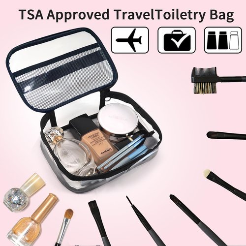 leevanoo Clear Makeup Bags with Mesh Top，Clear PVC with Zipper Handle Portable Travel Luggage Pouch，TSA Approved Cosmetic Organizer (Black)