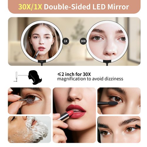 30X/1X Wall Mounted Lighted Makeup Mirror, 6inch Double Sided 1X/30X Magnifying Makeup Mirror with 3 Color Lights, Rechargeable Bathroom 30X Magnification Mirror 360° Rotation Extendable Folding Arm