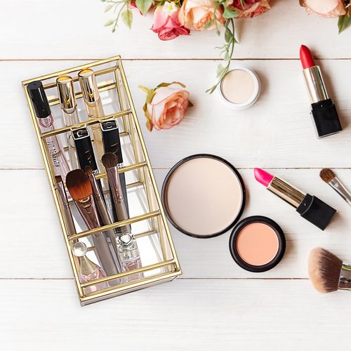 ELLDOO Rollerball Perfume Organizer, 4 Compartment Clear Glass Perfume Storage Holder Vintage Beauty Scent Holder, Metal Makeup Lipgloss Lipstick Display Case