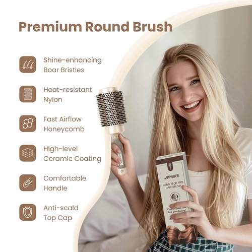 AIMIKE Round Brush Set w/Nano Ion Thermal Ceramic Tech, Professional Blow Out & Styling Brush, Maximum Volume and Shine, Barrels 2.1' & 1.7'