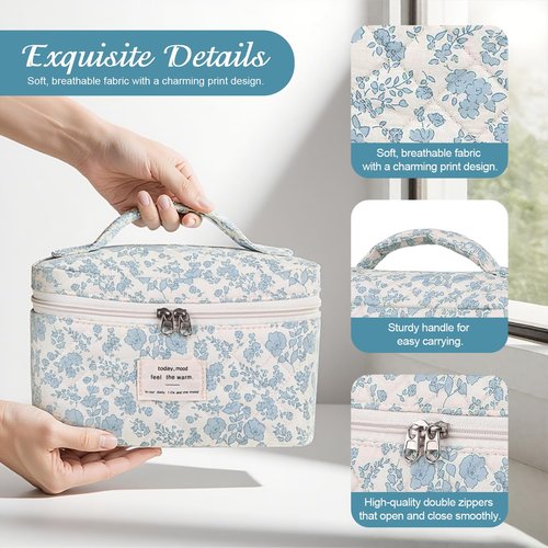 Givurao Large Makeup Bag, Cute Cosmetic Bag for Women Girls Floral Coquette Aesthetic Toiletry Bag Travel Make Up Organizer Bag (Blue)