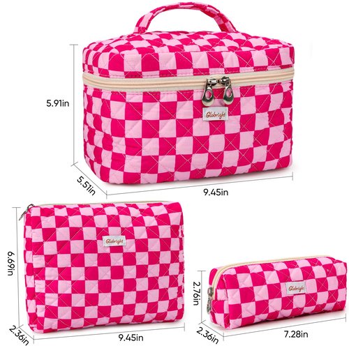 Globright 3 Pieces Makeup Bag Large Quilted Cosmetic Bag, Cotton Make Up Bag Travel Toiletry Bag for Mom Girlfriend Wife Women (Red)